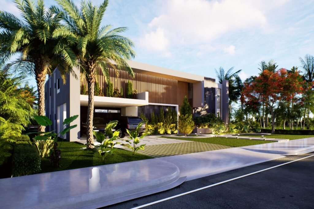 Fachada de una villa moderna construida por JADA en Cap Cana