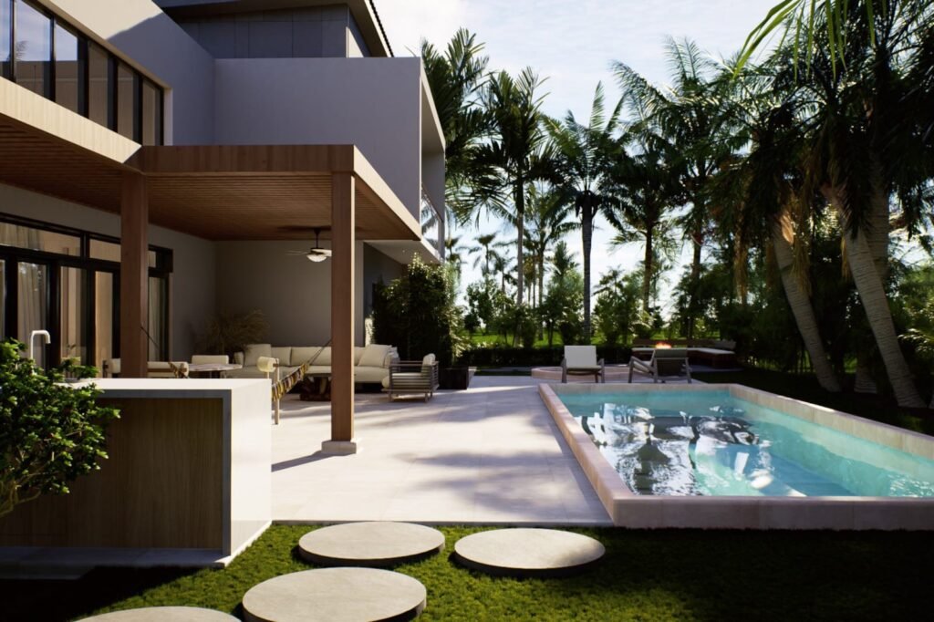 Terraza cubierta y piscina de una villa en Cap Cana, entre palmeras