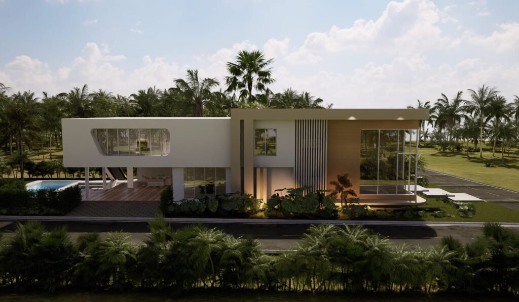 Villa moderna de dos niveles con piscina, proyectada por JADA en República Dominicana